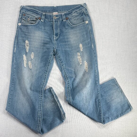 Y2K True Religion Ricky Super T Bootcut Jeans Distressed Light Wash USA Size 40 - Picture 1 of 10